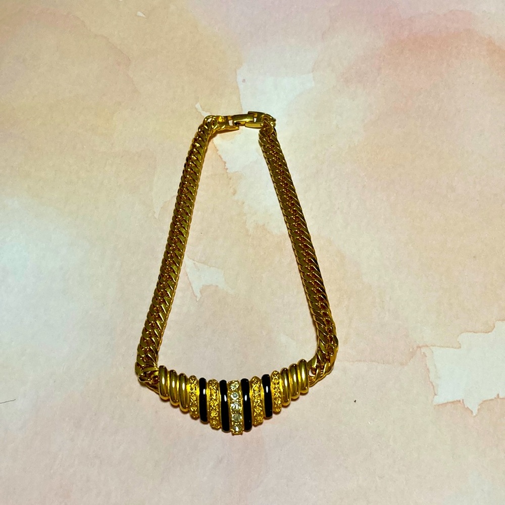 Vintage CHUNKY gold toned, black & faux diamond necklace